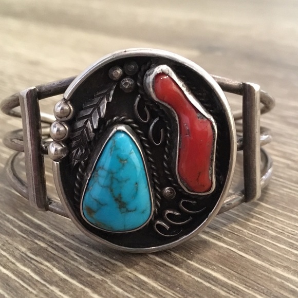 Navajo Sterling Turquoise Real Red  Coral Cuff - Picture 2 of 14